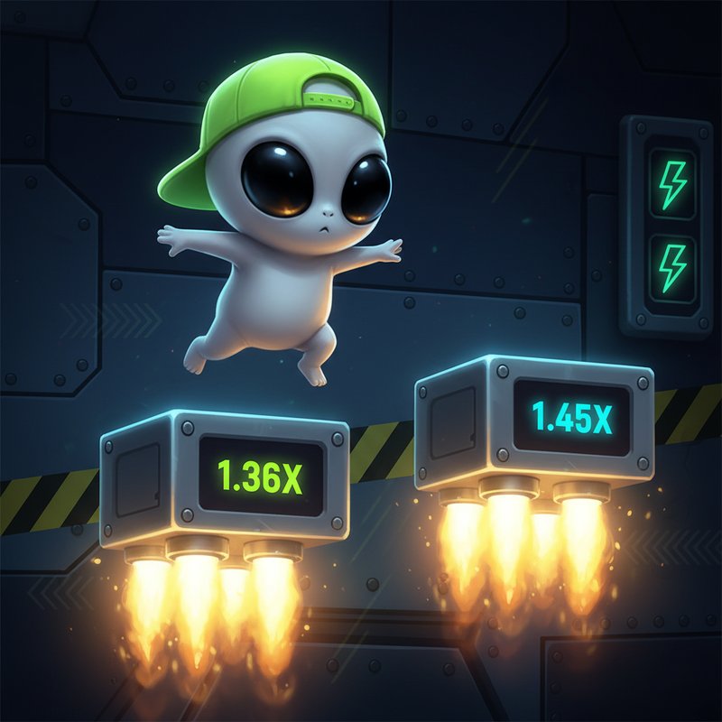 Jumper Slot: Außerirdischer Charakter mit grüner Kappe springt zwischen schwebenden Raketenplattformen im Weltraum-Industrie-Setting mit Multiplier-Anzeigen und Neon-Flammen